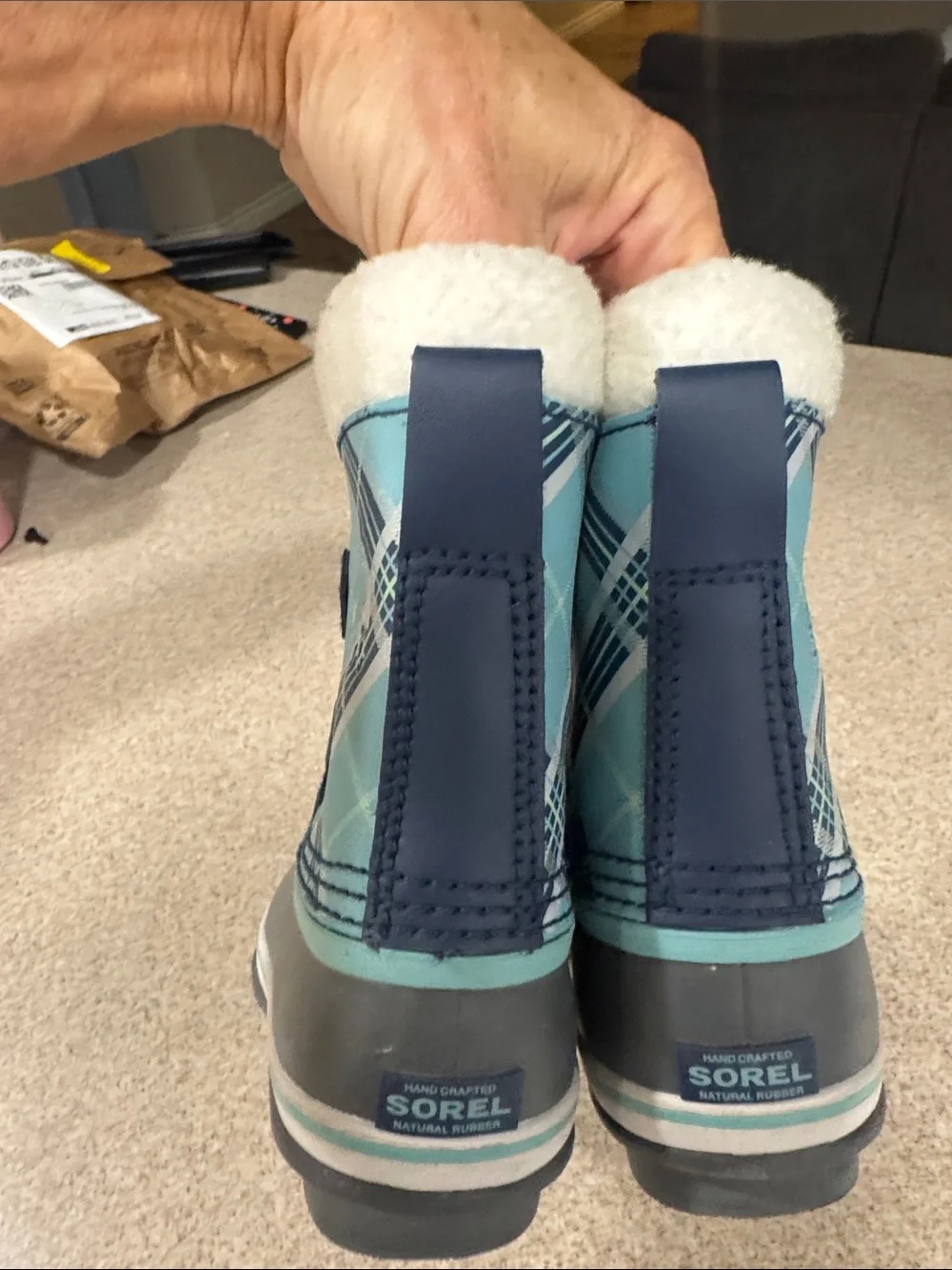 Sorel Kids Waterproof Snow Boots in Light Blue, Navy & Gray Plaid